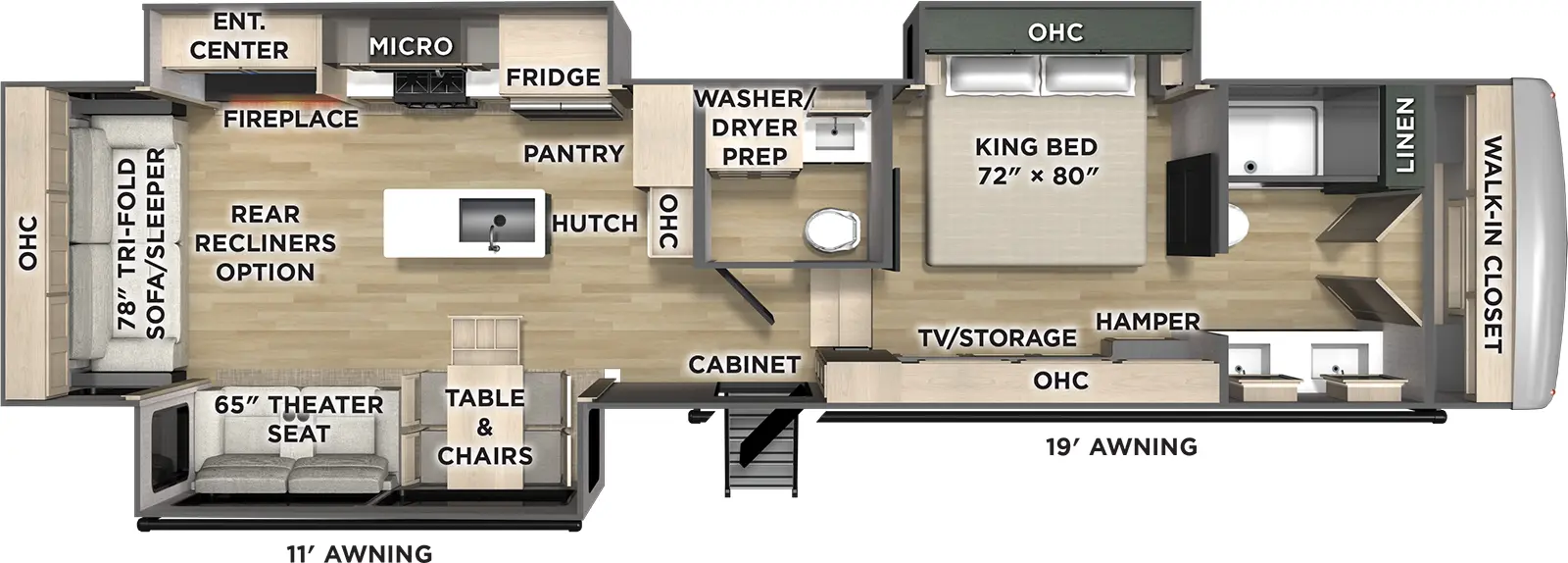 The Columbus 383RLH floorplan has one entry and three slide outs. Exterior features include: fiberglass exterior and 11' & 19" awning. Interiors features include: kitchen island, free-standing dinette option, rear living and bathroom and a half.